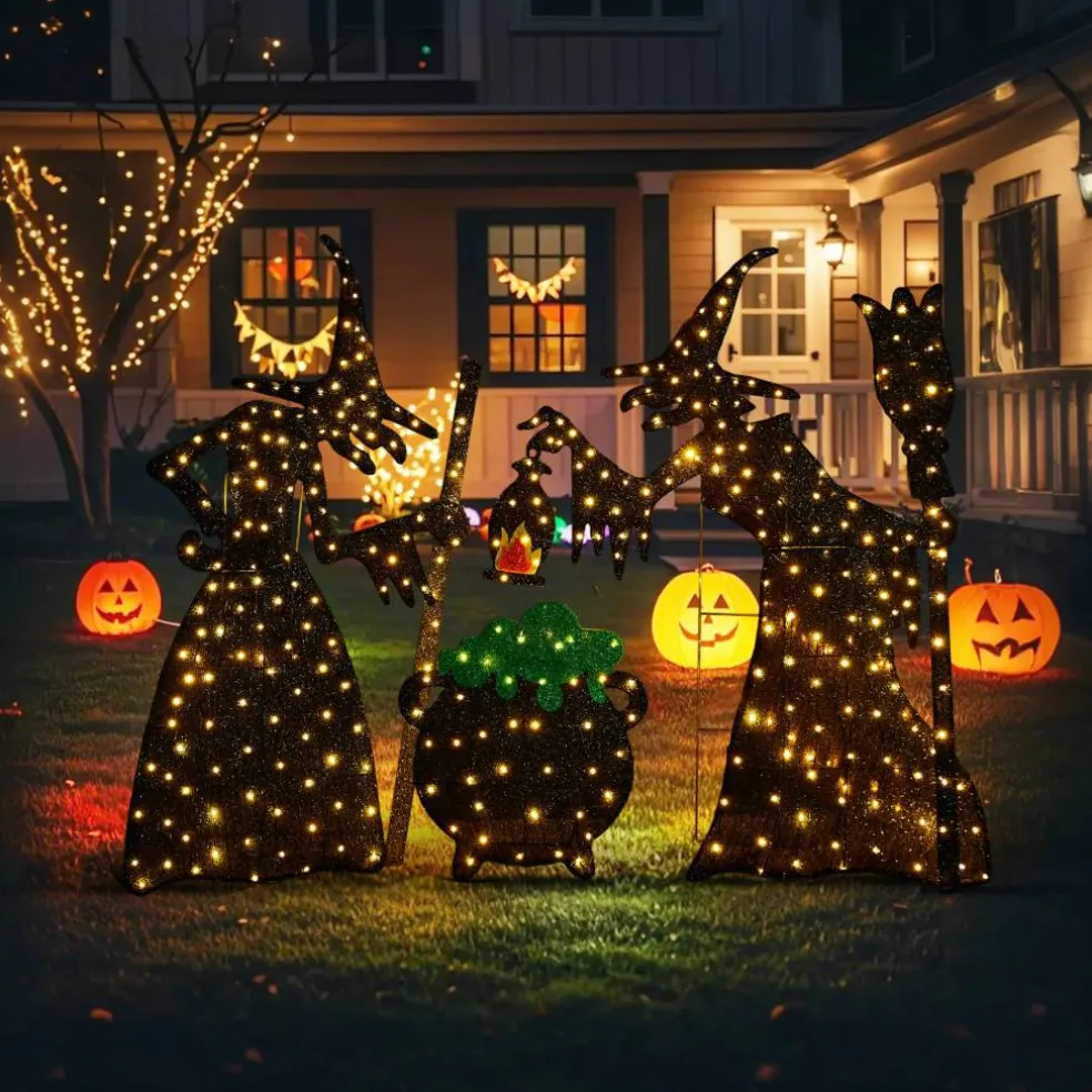 Glitzhome® Set of 3 Lighted Halloween 2.5D Witches with Cauldron Outdoor Decor