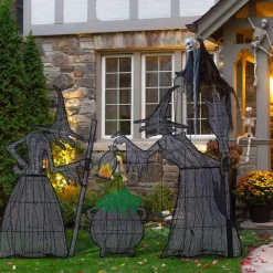 Glitzhome® Set of 3 Lighted Halloween 2.5D Witches with Cauldron Outdoor Decor