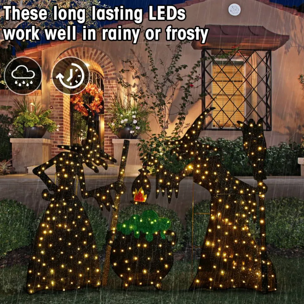 Glitzhome® Set of 3 Lighted Halloween 2.5D Witches with Cauldron Outdoor Decor