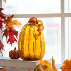 Glitzhome® Tall Crackle Glass Pumpkin, Amber