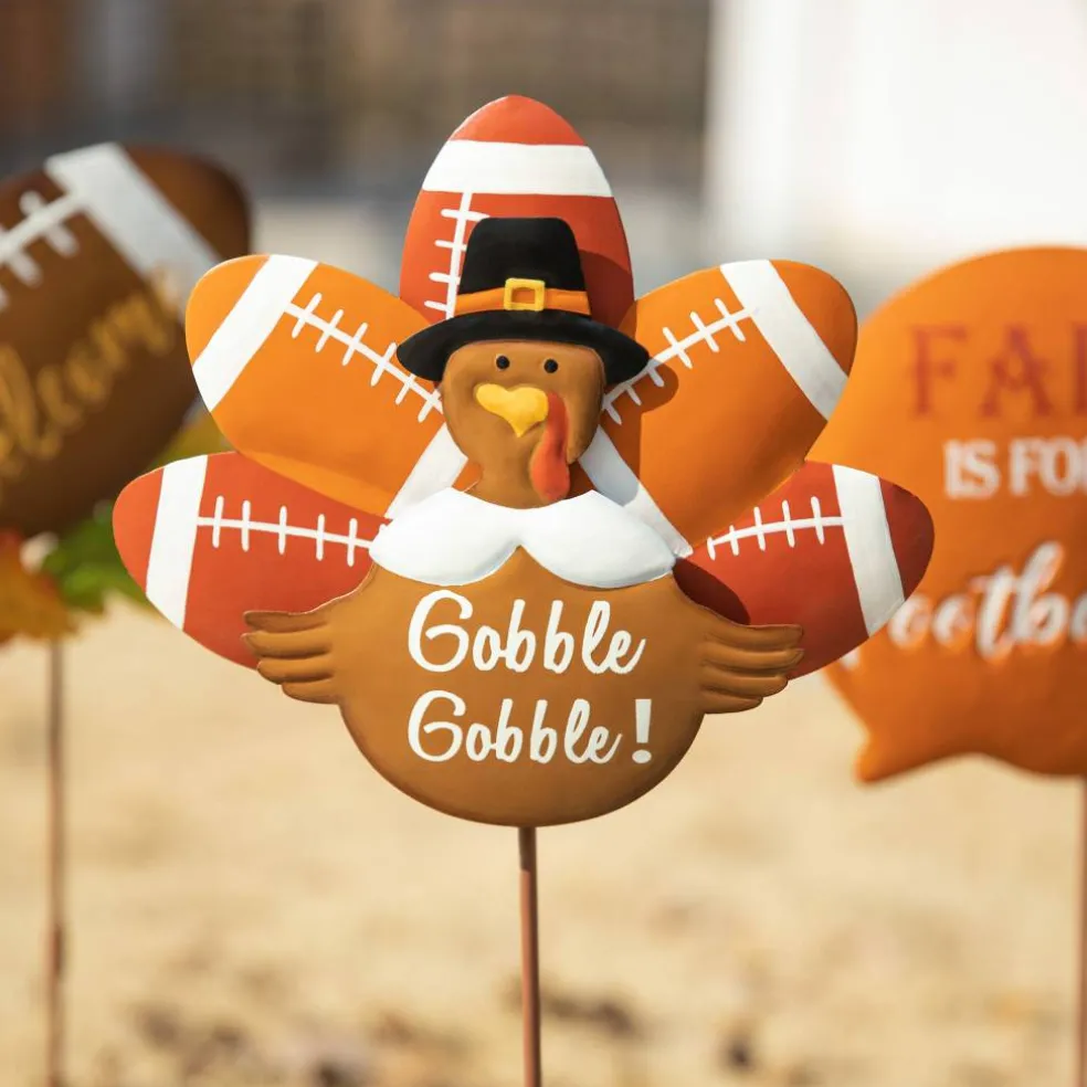 Glitzhome® 24" Thanksgiving Metal Football & Turkey Yard Stakes Set