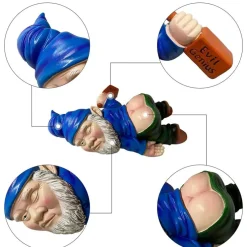 Gnome Statue Outdoor Decor 9.5 Inch L, Funny Garden Yard Lawn Sculpture Decoration, Naughty Housewarming Gift, Blue