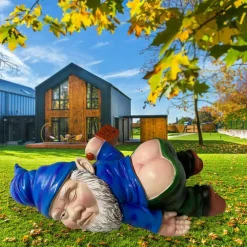 Gnome Statue Outdoor Decor 9.5 Inch L, Funny Garden Yard Lawn Sculpture Decoration, Naughty Housewarming Gift, Blue