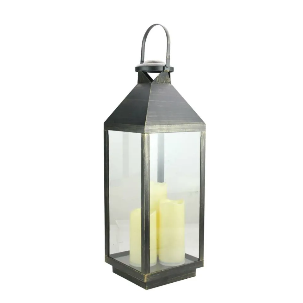 24" Gold Brushed Black Candle Lantern with 3 Flameless LED Candles