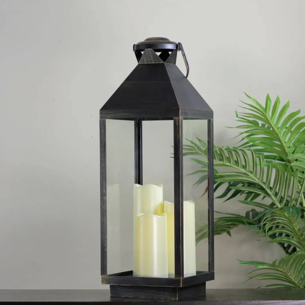 24" Gold Brushed Black Candle Lantern with 3 Flameless LED Candles