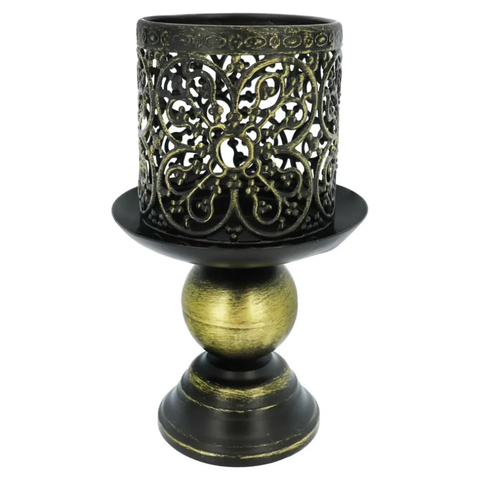 7" Gold-Brushed Black Filigree Metal Tealight Candle Holder by Ashland®