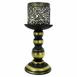 9.5" Gold-Brushed Black Filigree Metal Tealight Candle Holder by Ashland®