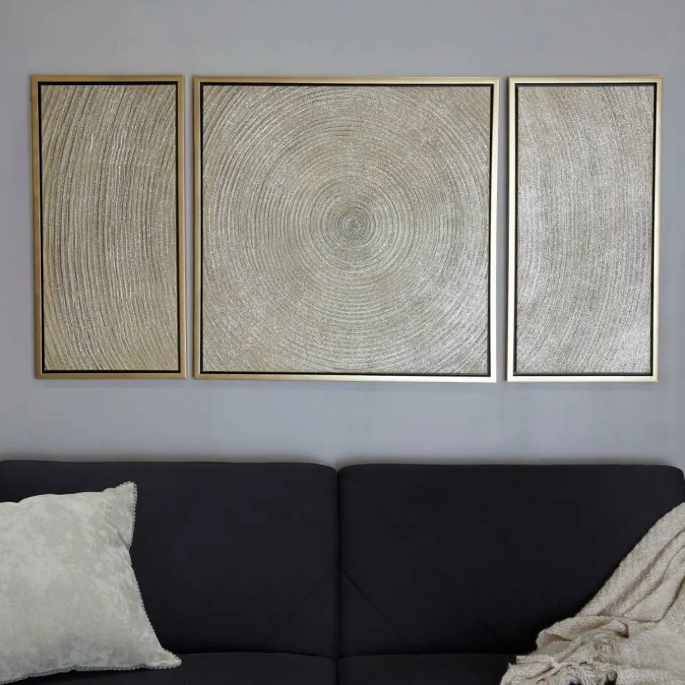 Gold Canvas Ripple Starburst Framed Wall Art with Gold Frame Set of 3 32", 16", 16"