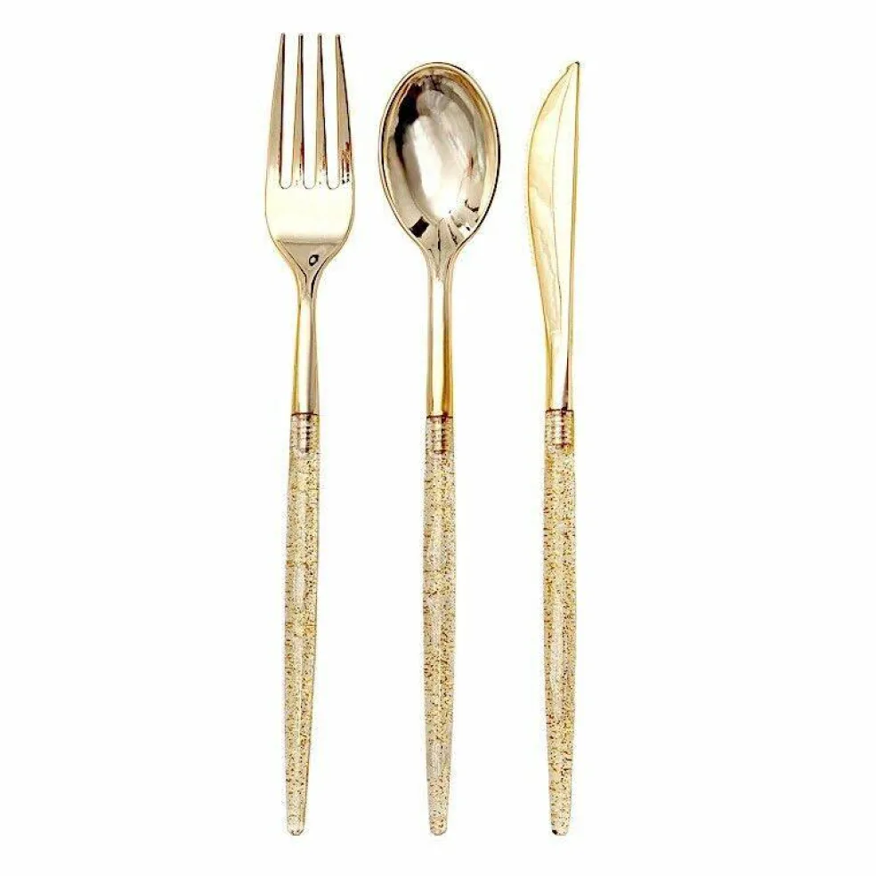 24 Gold Disposable Plastic CUTLERY Spoon Fork and Knife Set