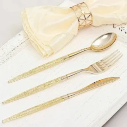 24 Gold Disposable Plastic CUTLERY Spoon Fork and Knife Set