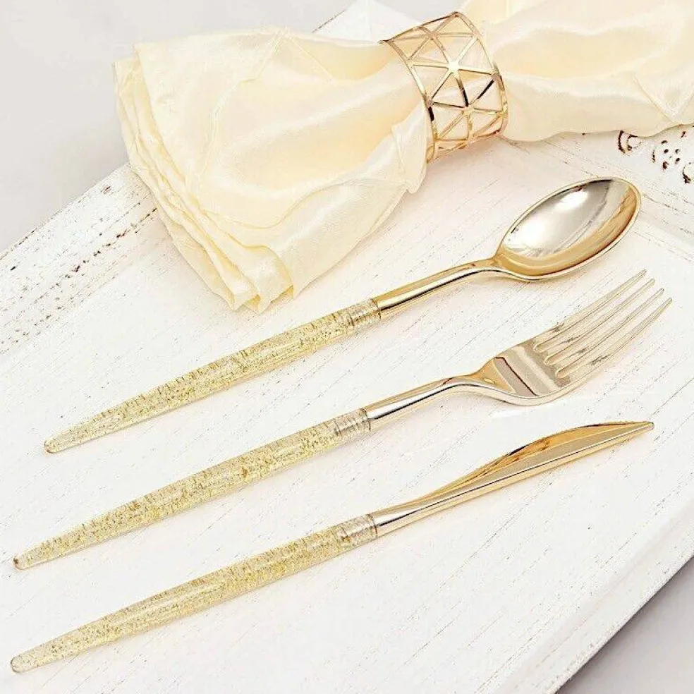 24 Gold Disposable Plastic CUTLERY Spoon Fork and Knife Set
