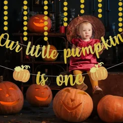 Gold Glitter Our Little Pumpkin is One Birthday Banner