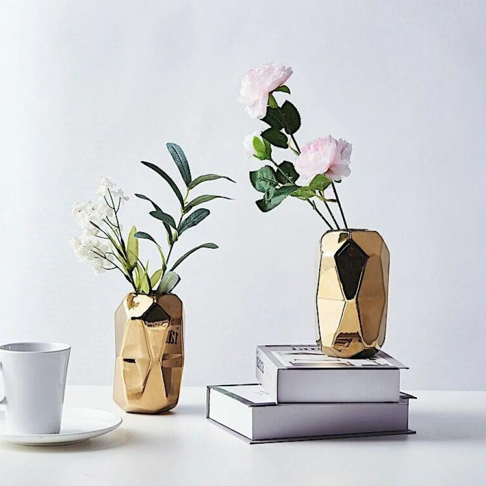 2 Gold 6-Inch Geometric Cylinder CERAMIC VASES Centerpieces