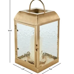 16" Gold Metal Candle Lantern with Pebbled Glass