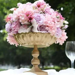 4 Gold Metal Compote Pedestal Bowl Flower Vases in Vintage Floral Pattern Party