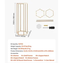 Gold Metal Hexagonal Centerpiece Flower Stand 10PCS with Acrylic Shelves