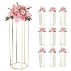 Gold Metal Hexagonal Centerpiece Flower Stand 10PCS with Acrylic Shelves