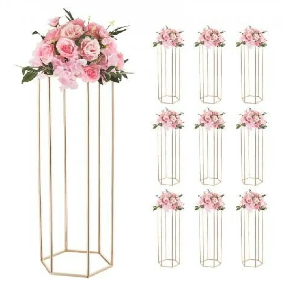 Gold Metal Hexagonal Centerpiece Flower Stand 10PCS with Acrylic Shelves