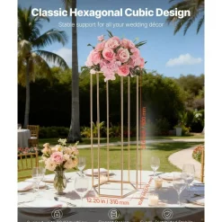 Gold Metal Hexagonal Centerpiece Flower Stand 10PCS with Acrylic Shelves