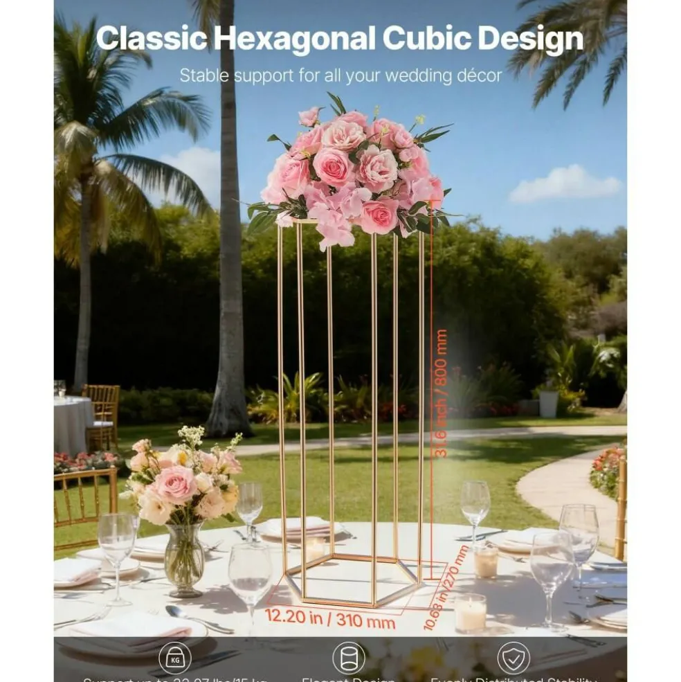 Gold Metal Hexagonal Centerpiece Flower Stand 10PCS with Acrylic Shelves