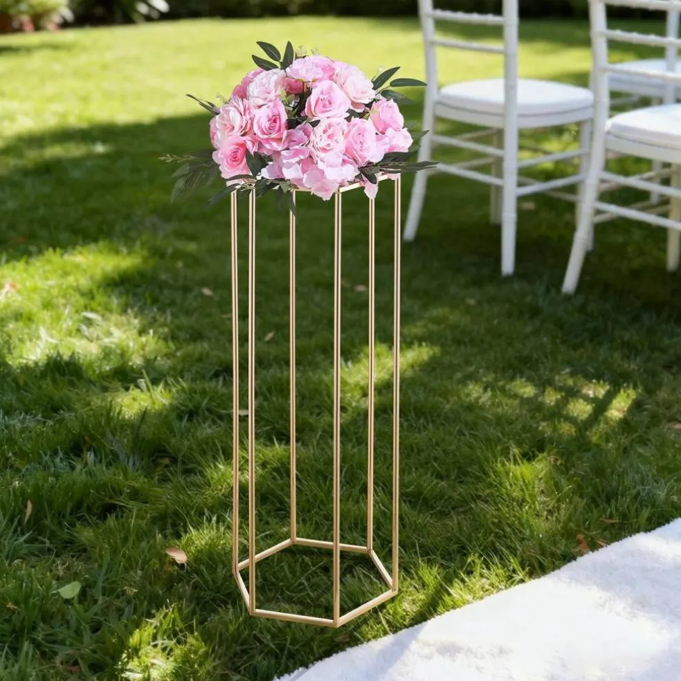 Gold Metal Hexagonal Centerpiece Flower Stand 10PCS with Acrylic Shelves