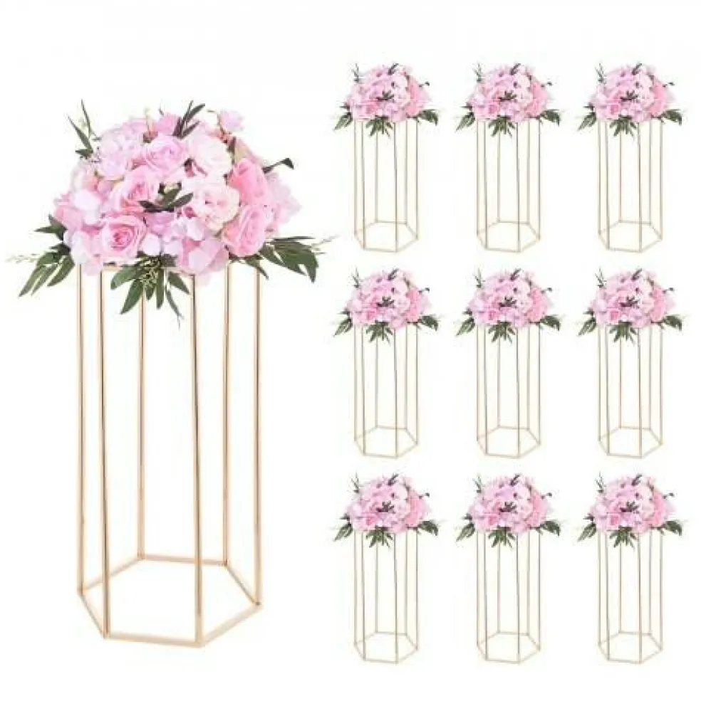 Gold Metal Hexagonal Centerpiece Stand 10PCS with Acrylic Shelves