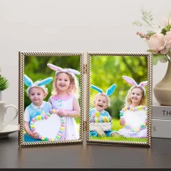 Gold Rope Design 5x7 Double Hinged Metal Picture Frame, Elegant 7x5 Dual Photo Frame with Velvet Backing & Real Glass for Tabletop Display, Gift Frame for Home & Office Decor