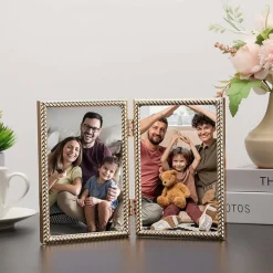 Gold Rope Design 5x7 Double Hinged Metal Picture Frame, Elegant 7x5 Dual Photo Frame with Velvet Backing & Real Glass for Tabletop Display, Gift Frame for Home & Office Decor