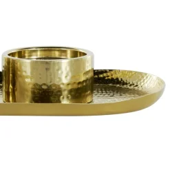 16" Gold Stainless Steel Metal Hammered Candle Holder with Oval Tray Plate