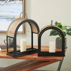 Gold Top Black Metal Arched Candle Lantern Set