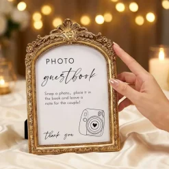 Gold Vintage Arch Photo Guest Book Sign with Stand Elegant Wedding Reception Tabletop Frame 8 Inch Resin Guestbook Display for Anniversary Bridal Shower Engagement Party Decor