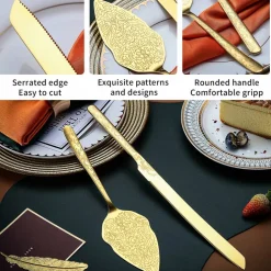 Gold Wedding Cake Knife and Server Set, Titanium Gold Plating With Unique Pattern Design Cake Cutter Serving Set Perfect For Wedding, Birthday, Parties and Events Dishwasher Safe