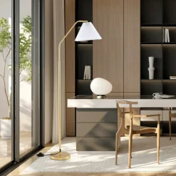 Gold & White Arc Floor Lamp with Adjustable 350° Head, Pleated Shade, E26 Socket, and Anti-Tip Base