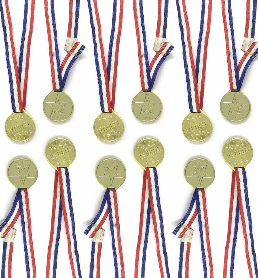 Gold Winner Medal Necklaces with Red, White & Blue Ribbons, 12-Pack