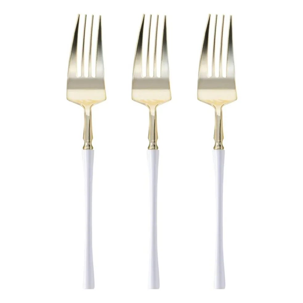 Gold with White Handle Moderno Disposable Plastic Dinner Forks (240 Forks)