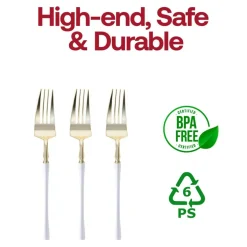 Gold with White Handle Moderno Disposable Plastic Dinner Forks (240 Forks)