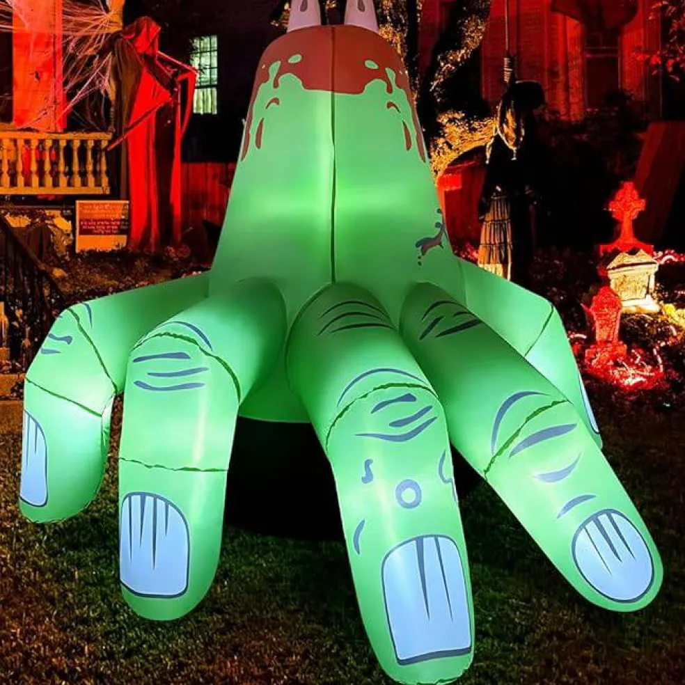 GOOSH 6 FT Halloween Inflatables Hand Blow Up Yard Scary Green Giant with Built-in LEDs