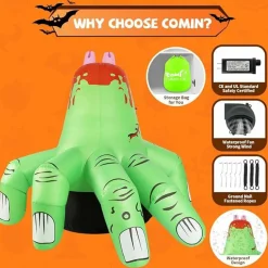 GOOSH 6 FT Halloween Inflatables Hand Blow Up Yard Scary Green Giant with Built-in LEDs