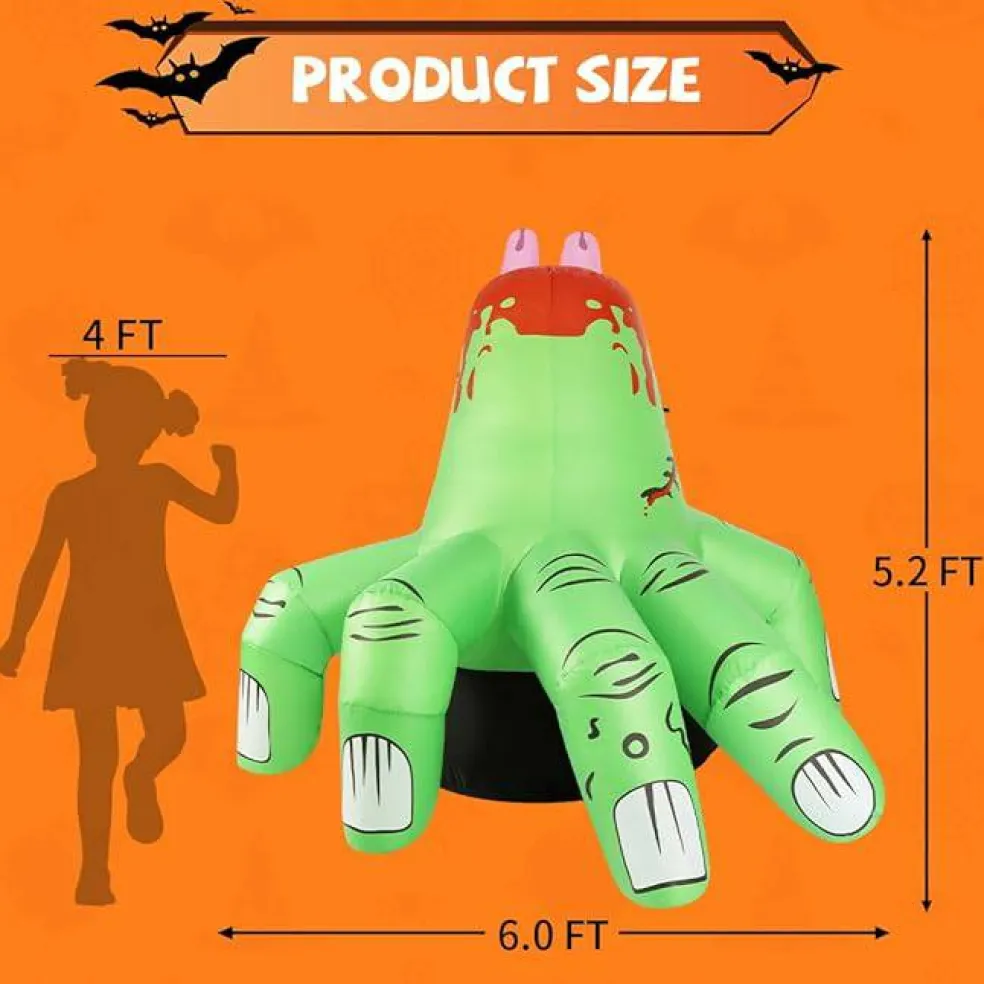 GOOSH 6 FT Halloween Inflatables Hand Blow Up Yard Scary Green Giant with Built-in LEDs