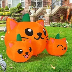 GOOSH 5FT Halloween Inflatable Long Three Pumpkin Cat Head Combo with Built-in LEDs