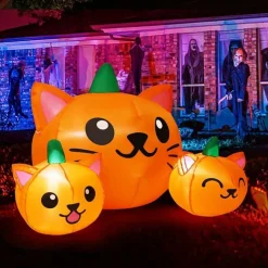 GOOSH 5FT Halloween Inflatable Long Three Pumpkin Cat Head Combo with Built-in LEDs