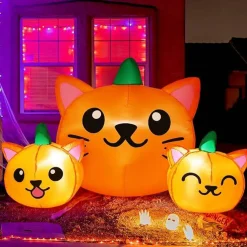 GOOSH 5FT Halloween Inflatable Long Three Pumpkin Cat Head Combo with Built-in LEDs