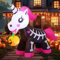GOOSH 5 FT Halloween Inflatables Skeleton Unicorn Blow Up Yard Pink Cute with Built-in LEDs