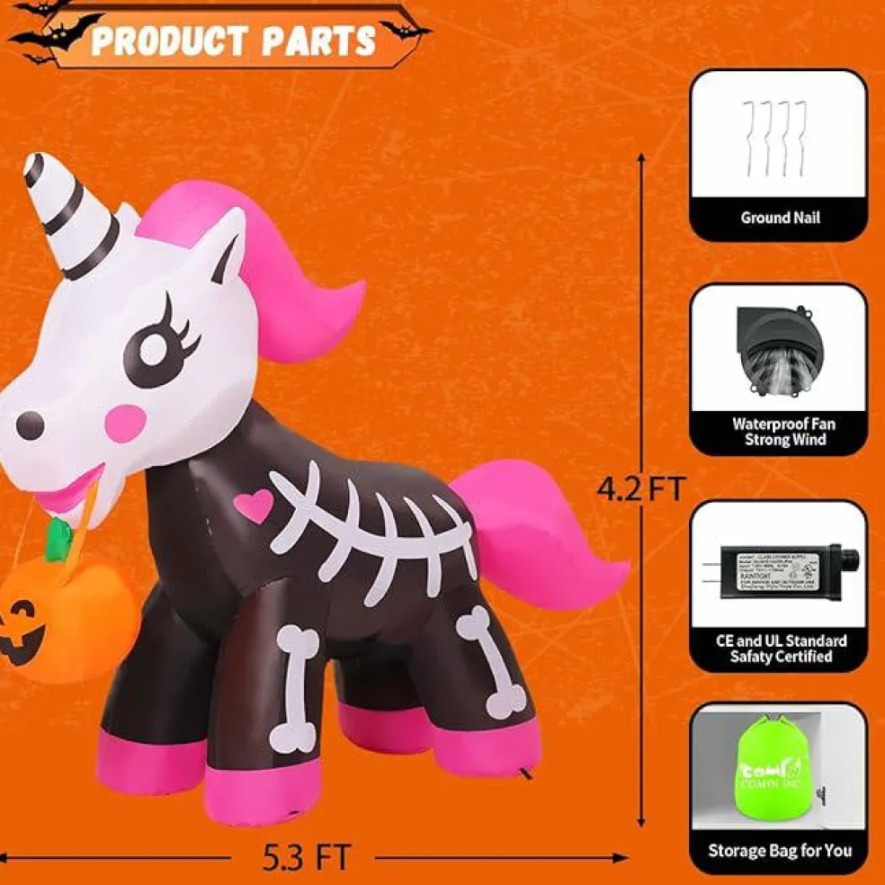 GOOSH 5 FT Halloween Inflatables Skeleton Unicorn Blow Up Yard Pink Cute with Built-in LEDs