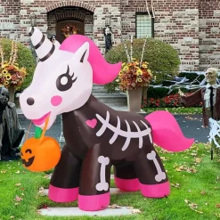GOOSH 5 FT Halloween Inflatables Skeleton Unicorn Blow Up Yard Pink Cute with Built-in LEDs