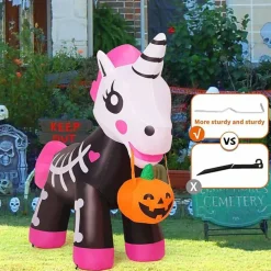 GOOSH 5 FT Halloween Inflatables Skeleton Unicorn Blow Up Yard Pink Cute with Built-in LEDs