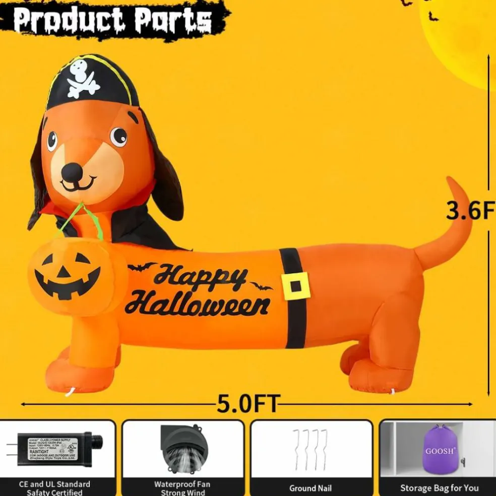 GOOSH 5 FT Halloween Inflatable Outdoor Dog with a Pumpkin & Pirate Hat