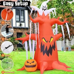 GOOSH 10 FT Halloween Inflatables Scary Dead Tree with Pumpkin and Ghost with Built-in LEDs