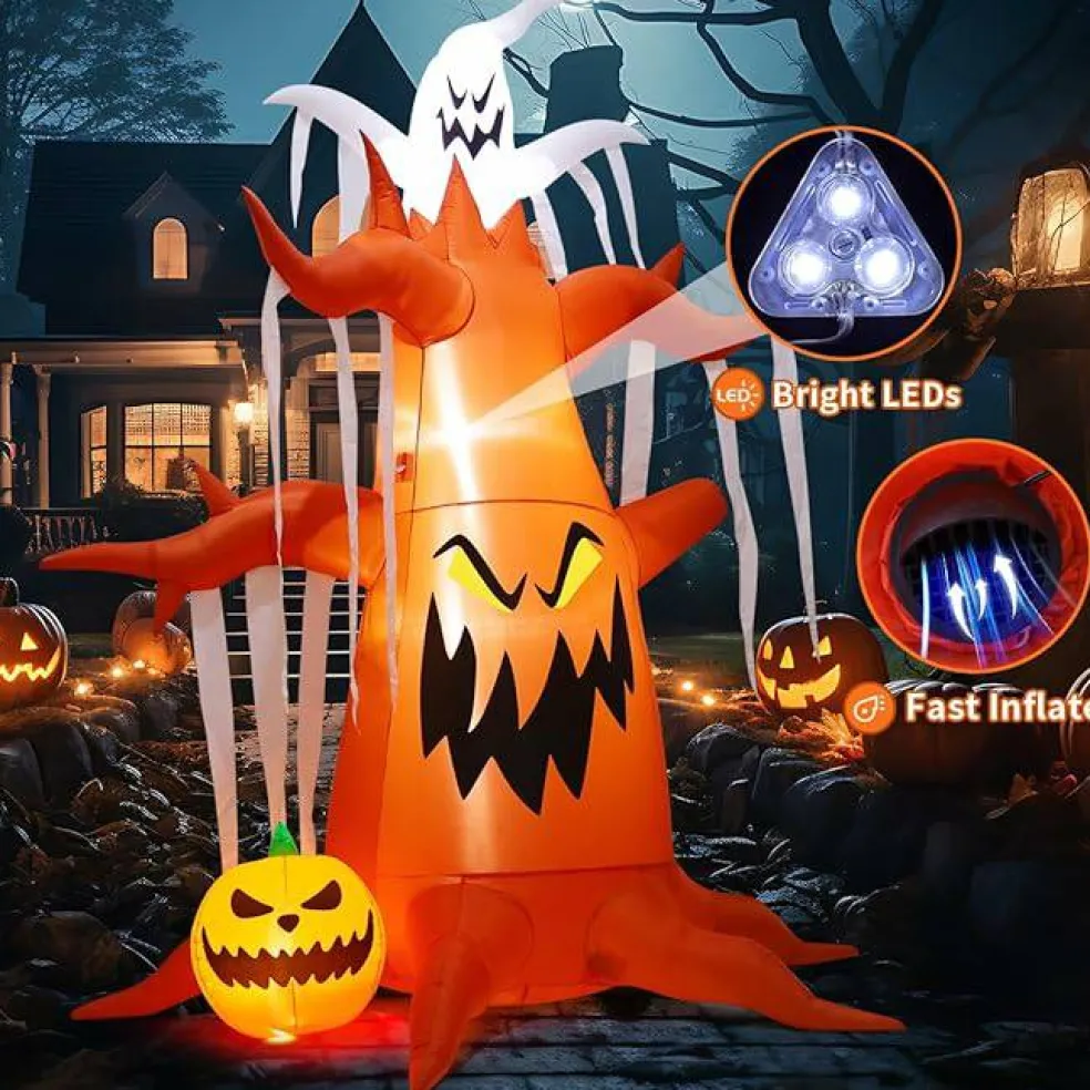 GOOSH 10 FT Halloween Inflatables Scary Dead Tree with Pumpkin and Ghost with Built-in LEDs
