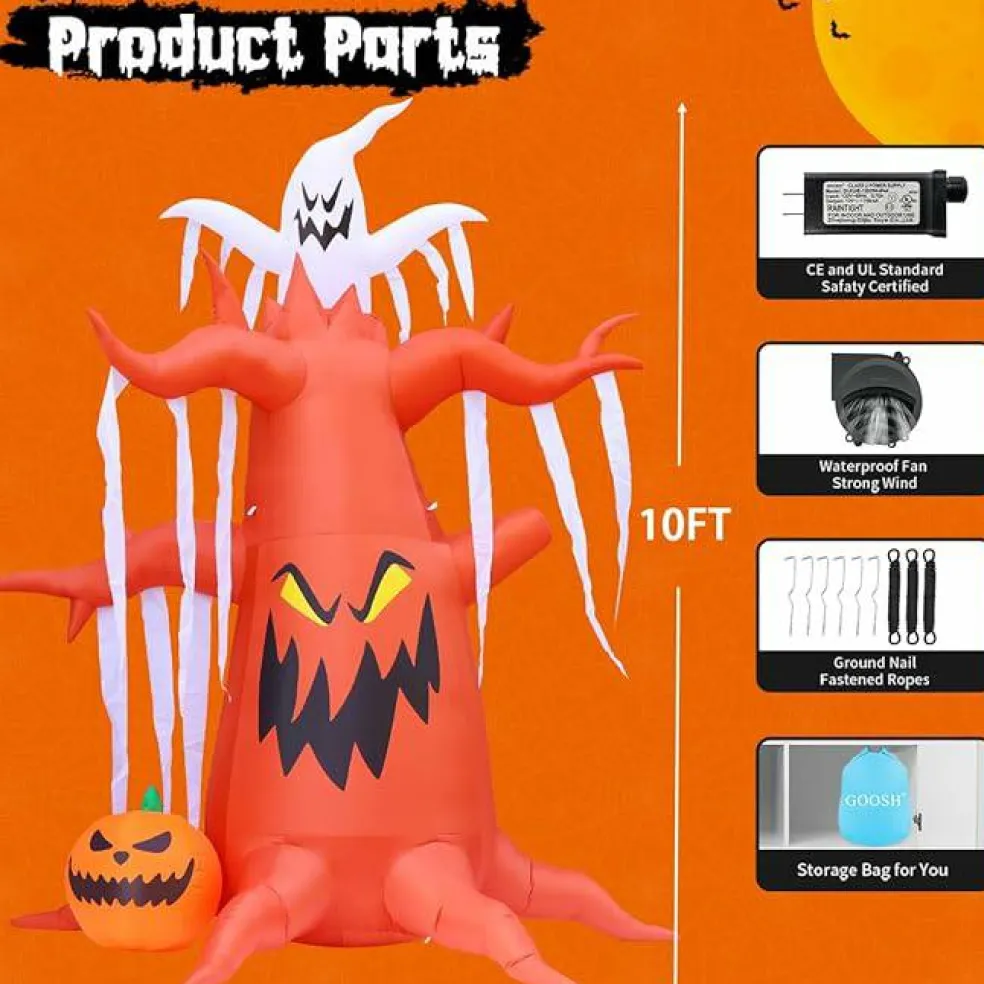 GOOSH 10 FT Halloween Inflatables Scary Dead Tree with Pumpkin and Ghost with Built-in LEDs
